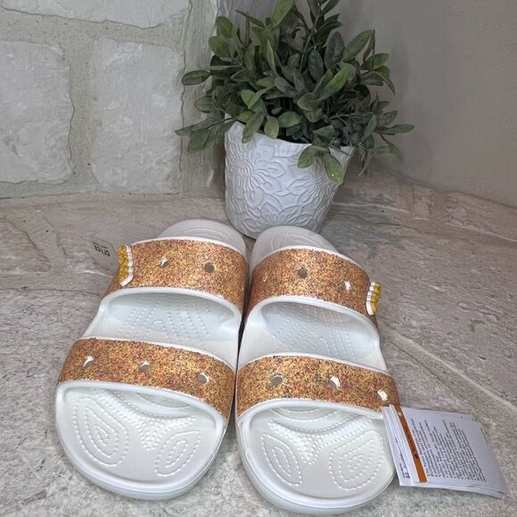 Crocs classicrocs orange glitter Two strap slides sz 10 - Picture 4 of 6